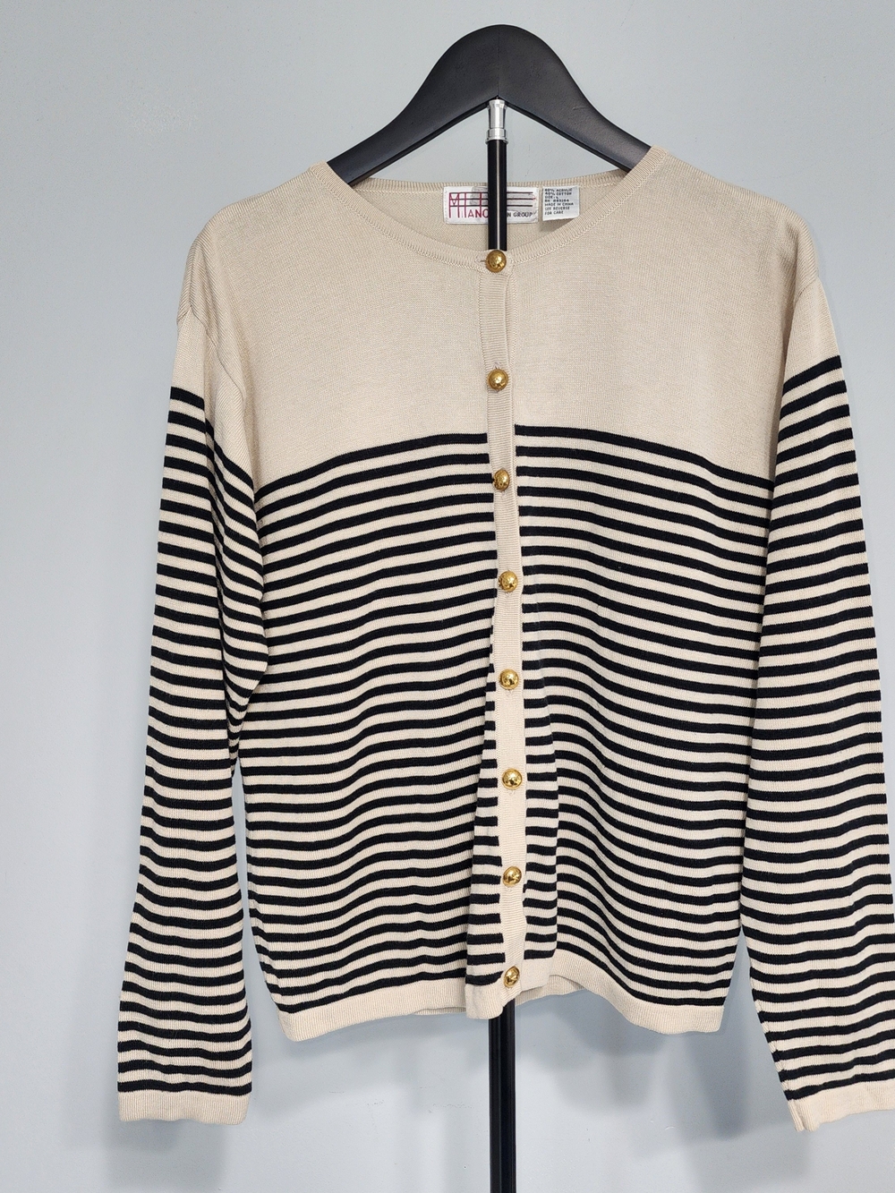 Milano Vintage 80s Cotton Blend Cream & Black Striped Button Cardigan Size L